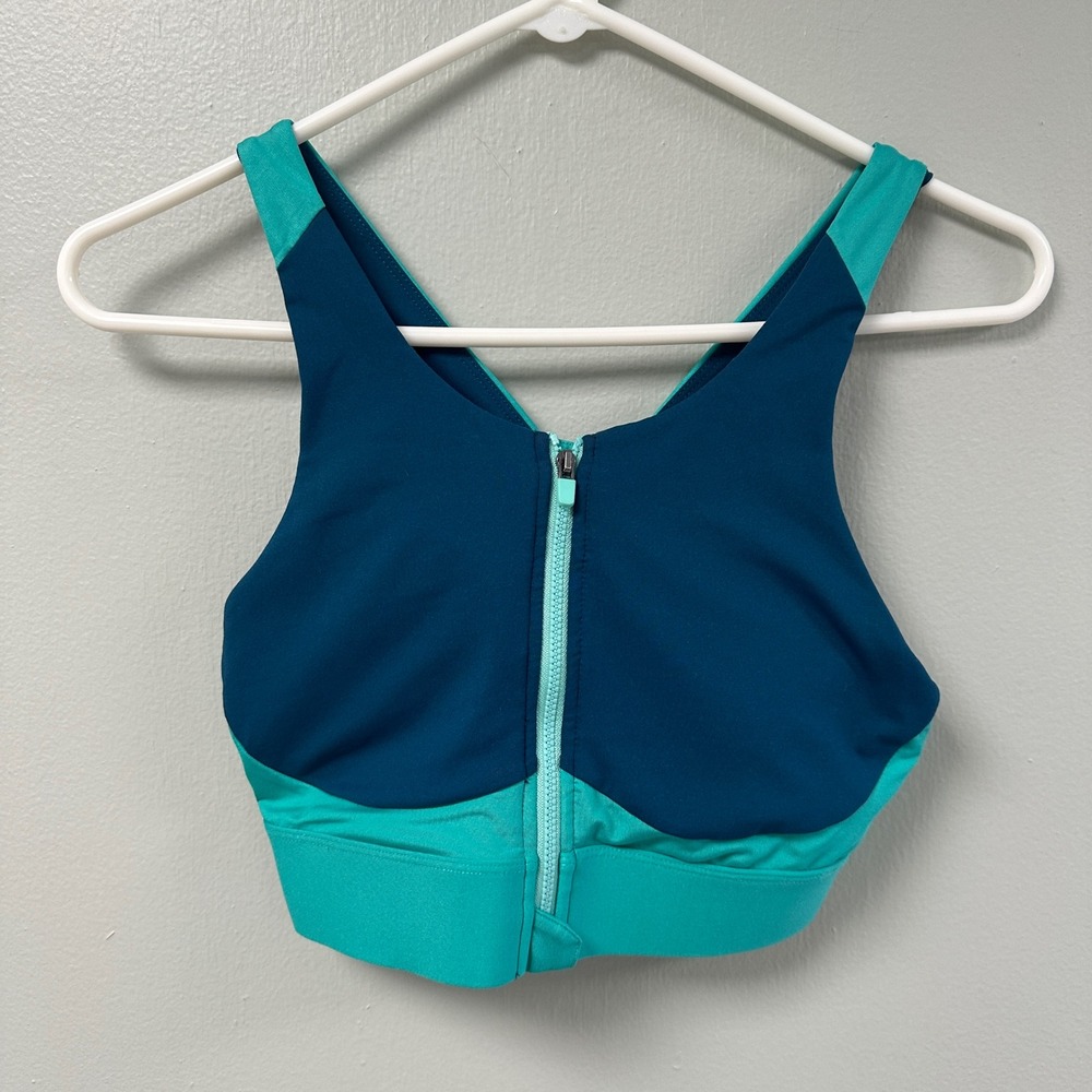 Fabletics Womens Medium Teal Navy Colorblock Front Zip Crossback Sports Bra